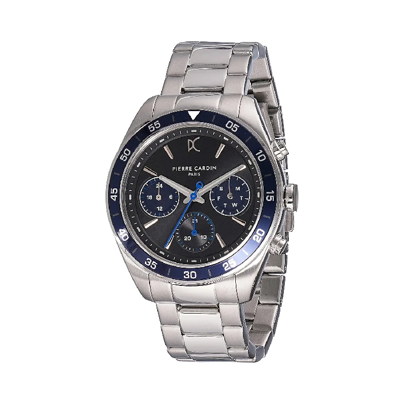 men’s luxury leather strap automatic watch-Nation Cristal Men’s 42mm Multifunction Watch - Silver Case, Black Dial with Blue Panda Eyes, Blue Bezel, and Silver Metal Strap