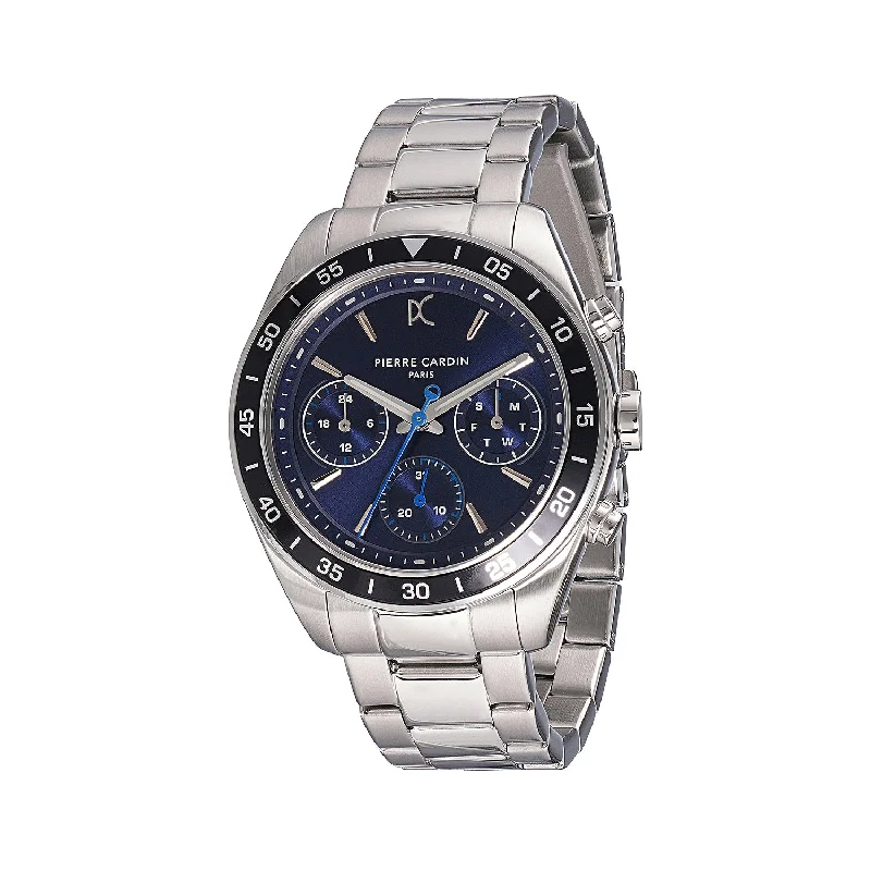 high-performance multi-sport wristwatch-Nation Cristal Men’s 42mm Multifunction Watch - Silver Case, Blue Dial, Black Bezel with Silver Metal Strap