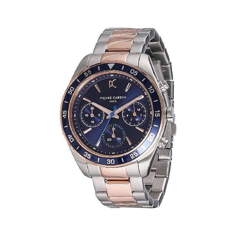 elegant Swiss quartz wristwatch-Nation Cristal Men’s 42mm Multifunction Watch - Two-Tone Silver & Rose Gold Case, Blue Dial, Blue Bezel with Two-Tone Silver & Rose Gold Metal Strap