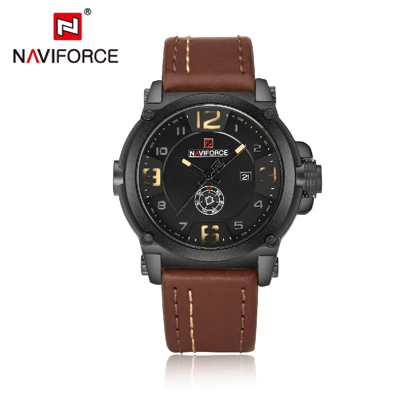 luxury designer digital wristwatch-NAVIFORCE Top Luxury Mens Watches Sports Quartz Waterproof Wristwatch Date Display Leather Band Casual Classic Watch NF9099