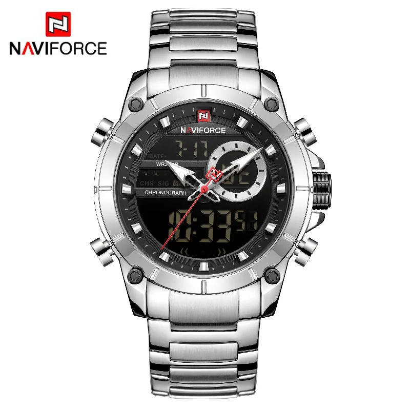 luxury smartwatch with fitness tracking-NAVIFORCE Men Military Sport Watches Digital Analog Waterproof Stainless Steel Wristwatch NF9163