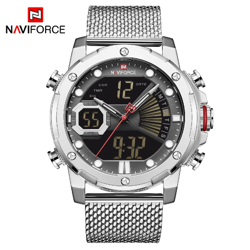 smartwatch with guided workouts and tracking-NAVIFORCE Men Military Sport Digital Watch Stainless Steel Band Waterproof Quartz Watches NF9172S