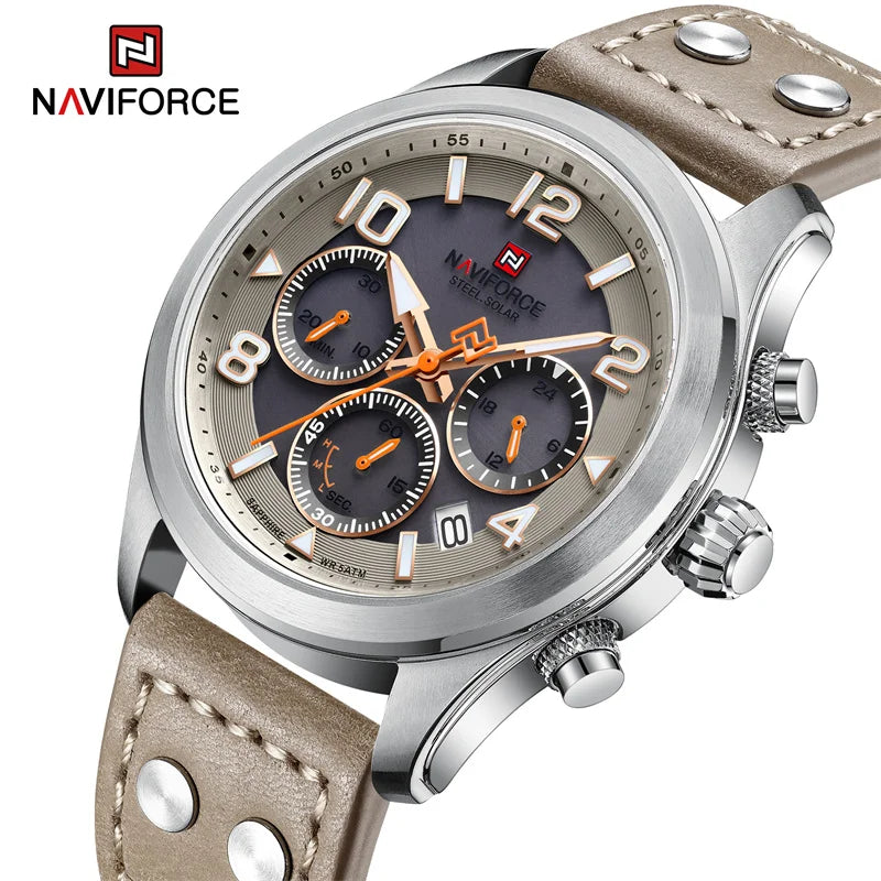 men’s sport wristwatch with GPS-NAVIFORCE Pls+ 1006 Solar-Powered Movement Genuine Leather Strap 5ATM Waterproof Luminous Men Watch