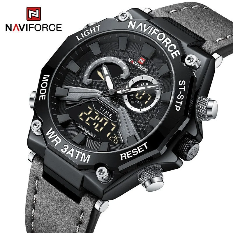 men’s luxury leather strap automatic watch-NAVIFORCE NF9220 Dual Display Digital Leather Strap Casual Sport Chronograph Clock Waterproof Quartz Men Watches Luxury 2023 New