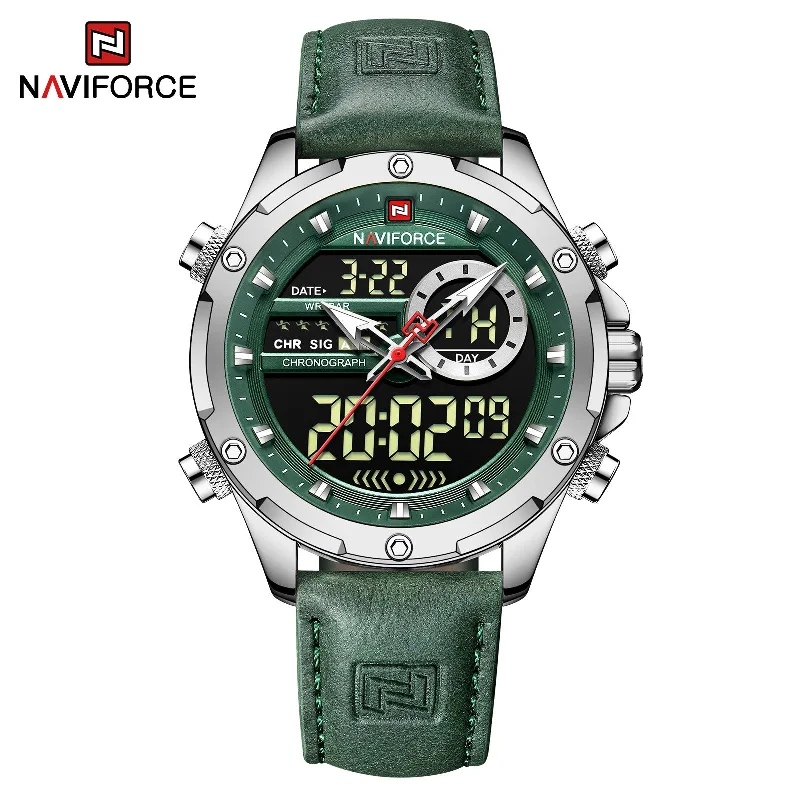 digital smartwatch for fitness tracking-NAVIFORCE 2022 Luxury Men Watches Fashion Genuine Leather Quality Calendar LCD Display Waterproof Quartz Wristwatch NF9208