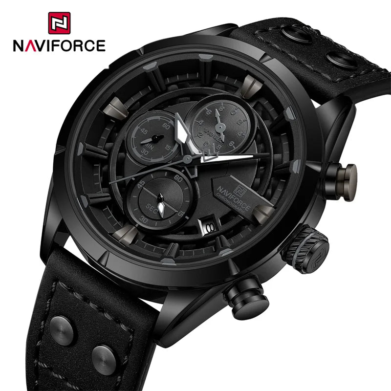 men’s ceramic bezel luxury watch-NAVIFORCE NF8045 Men Watch Waterproof Genuine Leather Strap Military Sport 1/10 Second Chronograph Date Quartz Wristwatch Reloj Hombre