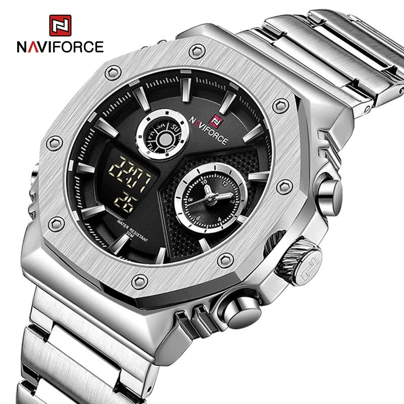 men’s automatic sports wristwatch-NAVIFORCE NF9216S New Fashionable Style Dual Time Display LCD Digital Analog Quartz Mens Watches Luminous Water Resistant Man Wristwatch