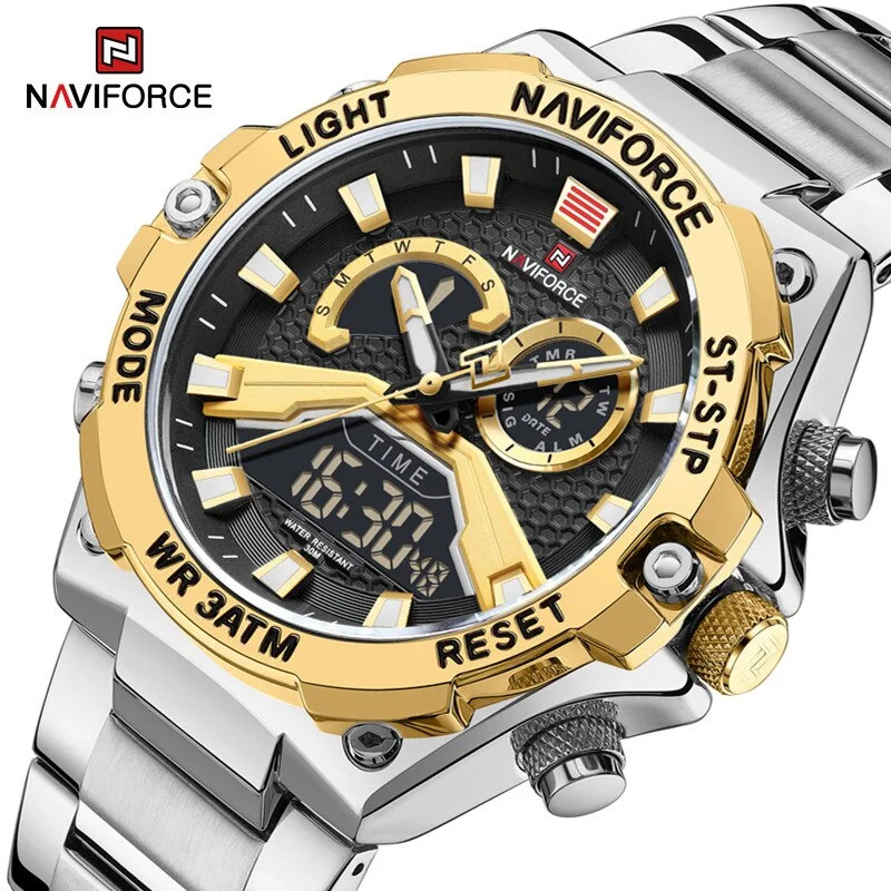 men’s ceramic bezel luxury watch-NAVIFORCE NF9207 Watches Men Military Fashion Quartz Luminous Dual Display Waterproof Male LED Digital Alarm Clock Clock Reloj Hombre