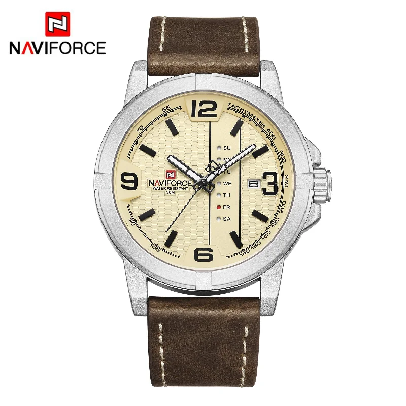 digital wristwatch with fitness stats-NAVIFORCE Mens Fashion Watches Quartz Waterproof Leather Strap Day and Date Wristwatches NF9177