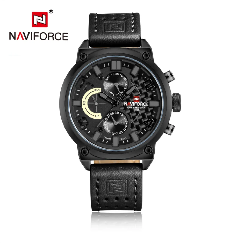 luxury men’s watch with leather band-NAVIFORCE Fashion Watches for Men Military Sport Genuine Leather Quartz Waterproof WristWatch NF9068L