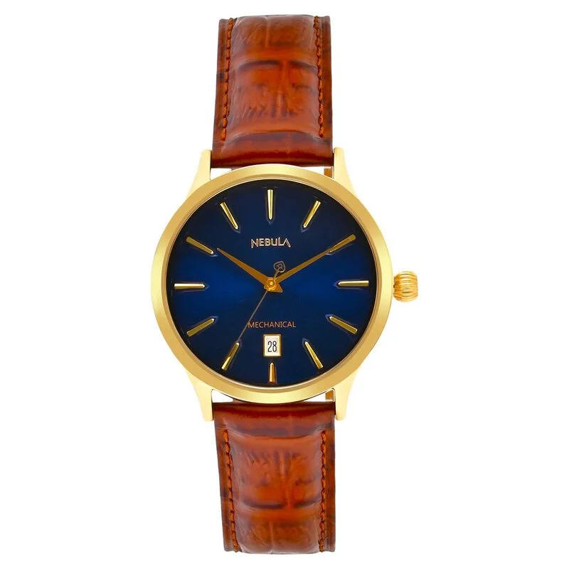 luxury men’s quartz watch with gold accents-Nebula By Titan Quartz Analog With Date Blue Dial Leather Strap Watch For Men