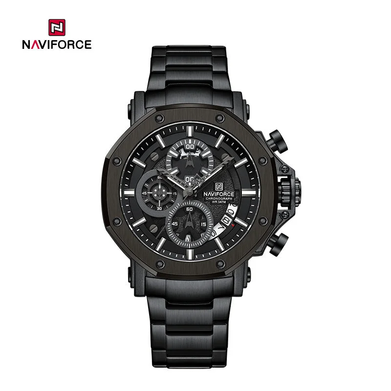 luxury sports wristwatch for men-NF8065 Men's Multifunction Stainless Steel Chronograph Rugged Watch with Date and Stopwatch Features