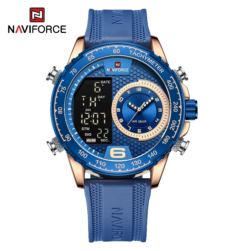 high-quality digital sports wristwatch-NAVIFORCE Men'S Fashion Luxury TPU Strap Quartz LCD Display Luminous Pointer Quartz Waterproof Watch Relogio NF9199T