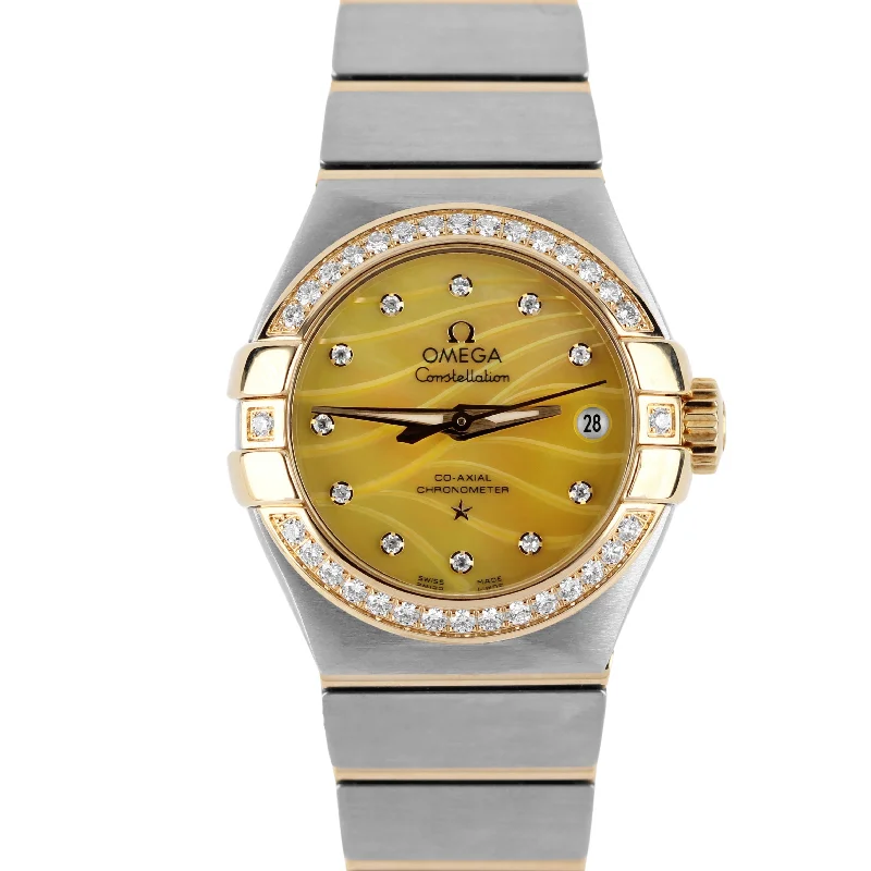 men’s digital wristwatch with date display-Omega Constellation PAPERS 18k Gold DIAMOND Yellow MOP 27mm 123.25.27.20.57.002