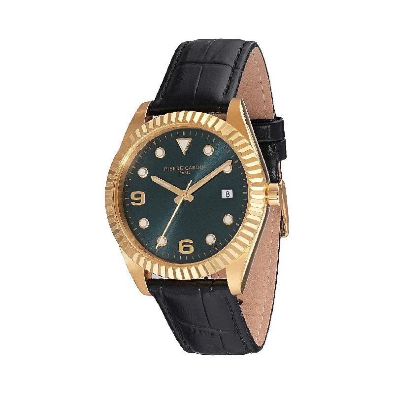 smartwatch with sleep quality analysis-Opéra Timbre Men’s Watch - Gold Case, Green Dial with Gold Markers and Black Leather Strap