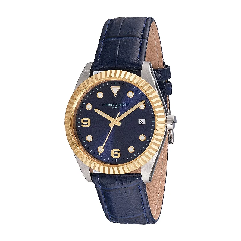 smartwatch with built-in fitness coach-Opéra Timbre Men’s Watch - Two-Tone Case with Gold Bezel, Blue Dial with Gold Markers, and Blue Leather Strap