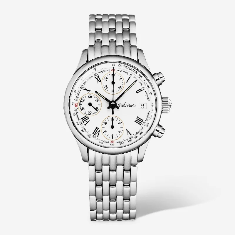 smartwatch with guided workouts and tracking-Paul Picot Telemark Chronograph White Dial Stainless Steel Men's Automatic Watch P4102.20.113/B