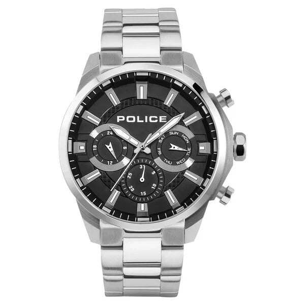 men’s vintage mechanical wristwatch-Police Black Dial Silver Strap Multifunction Watch for Men neplpewjk2204201