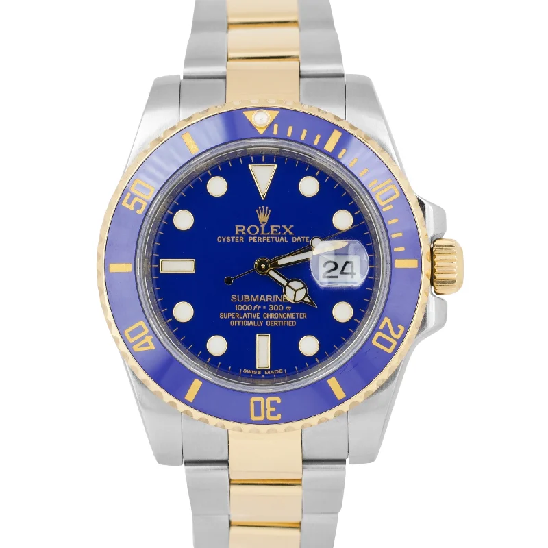 men’s stylish sport digital watch-Rolex Submariner Date Ceramic Two-Tone 18K Gold FLAT BLUE Steel 40mm 116613 LB