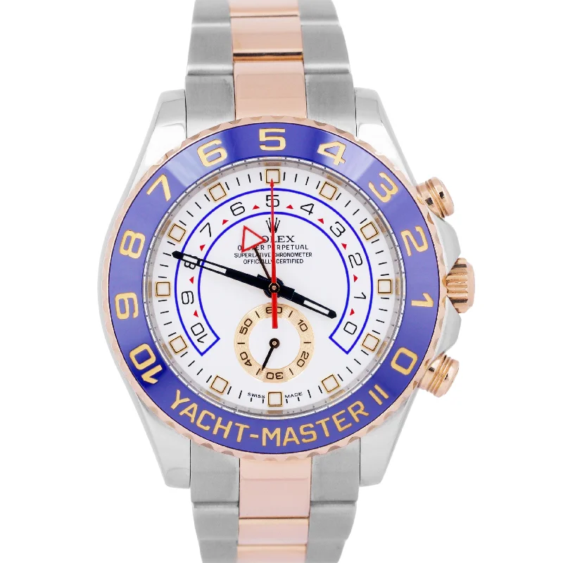 stylish men’s digital watch with heart rate-Rolex Yacht-Master II White Two-Tone BLUE HANDS 18K Rose Gold Steel 44mm 116681