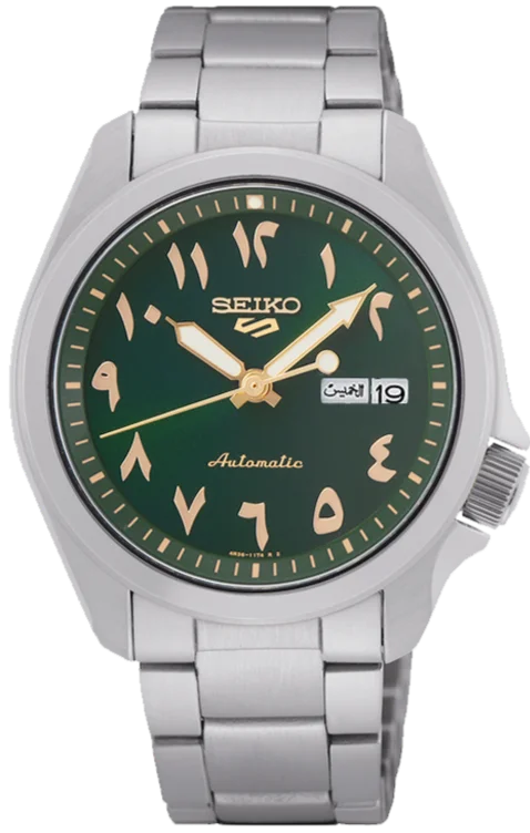 men’s fashion wristwatch with mesh strap-Seiko 5 Sports Automatic Arabic-Numeric Green Dial Day-Date Display SRPH49