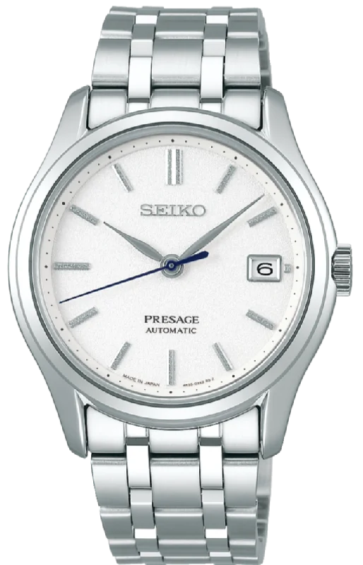 high-tech fitness smartwatch with sleep tracker-Seiko Presage Japanese Garden Series Automatic Snow Frost White Dial SRPD97J1