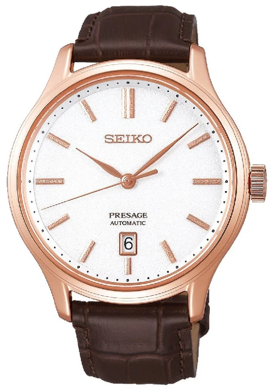 men’s digital wristwatch with date display-Seiko Presage Japanese Garden Series Rose Gold SRPD42 (SARY142)