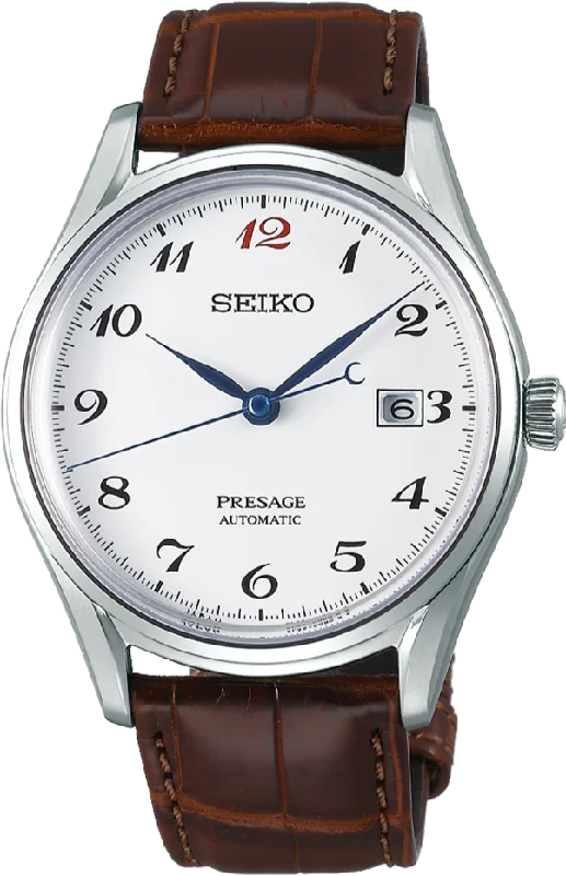 men’s luxury leather strap wristwatch-Seiko Presage Craftsmanship Series Mechanical Automatic White Enamel Dial SJE075