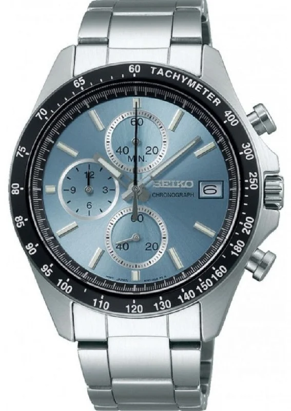 digital wristwatch with fitness stats-Seiko Spirit Quartz Chronograph Tachymeter JDM Icy Blue Dial SBTR029