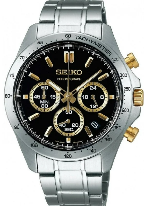 digital smartwatch with fitness goals-Seiko Spirit Quartz Chronograph Tachymeter JDM Black-Gold Dial SBTR015