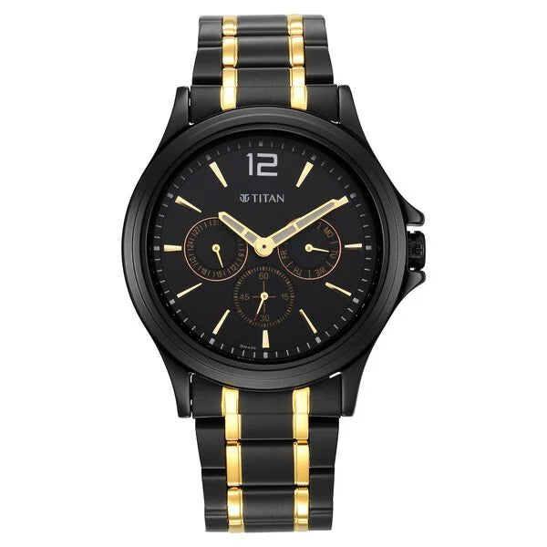 solar-powered smartwatch with fitness tracker-Titan Black and Gold Black Dial Quartz Multifunction Stainless Steel Strap watch for Men 1698km02