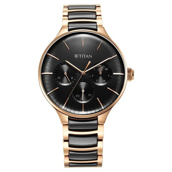 men’s smart fitness wristwatch with heart rate-Titan Ceramic Fusion Quartz Multifunction Black Dial Rose Gold Dual-Toned Stainless Steel Bracelet Watch for Men 90148kd03