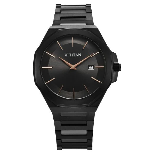 smartwatch with long battery life-Titan Classic Slim Quartz Analog with Date Black Dial Stainless Steel Strap Watch for Men 90167nm01