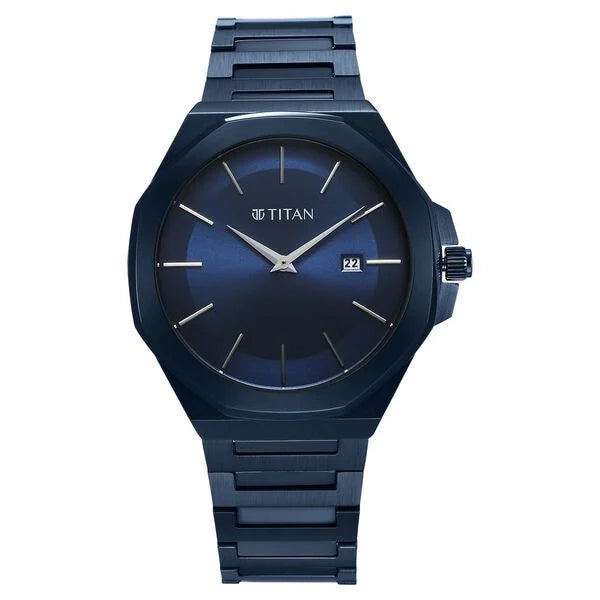 waterproof smart sports watch-Titan Classic Slim Quartz Analog with Date Blue Dial Stainless Steel Strap Watch for Men 90167qm01