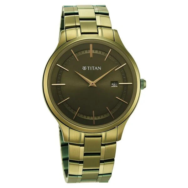 vintage men’s stainless steel wristwatch-Titan Classique Slimline Green Dial Analog with Day and Date Stainless Steel Strap watch for Men 90142qm03