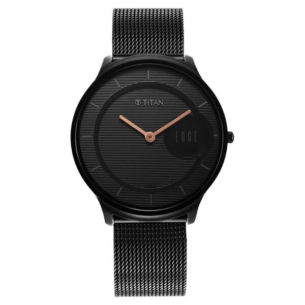 smartwatch with calorie tracking and notifications-Titan Edge Baseline Black Dial Analog Stainless Steel Strap Watch for Men 1843nm02