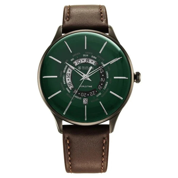 advanced smartwatch with advanced tracking-Titan Green Dial World Time with Date Leather Strap watch for Men 90145ql01