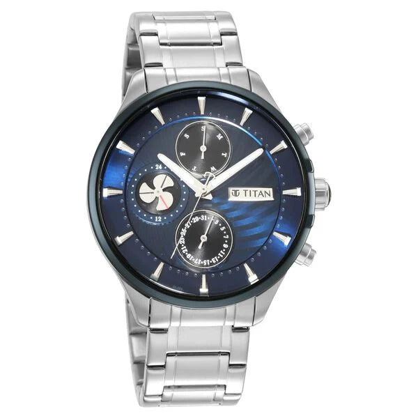 digital smartwatch for fitness tracking-Titan Maritime Blue Dial Quartz Multifunction Stainless Steel Strap watch for Men 1873km02