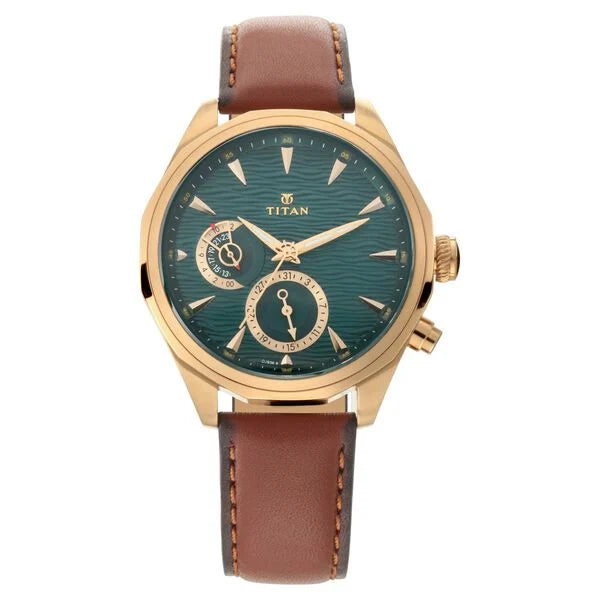 smartwatch with guided workouts and tracking-Titan Maritime Green Dial Quartz Multifunction Leather Strap watch for Men 1829ql01