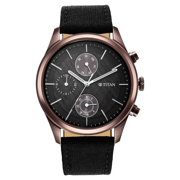 smartwatch with wrist-based heart rate sensor-Titan Men's Infinity Chrono watch: Precise Blue Dial, Rose Gold Highlights, Durable Leather Strap 1805qp01