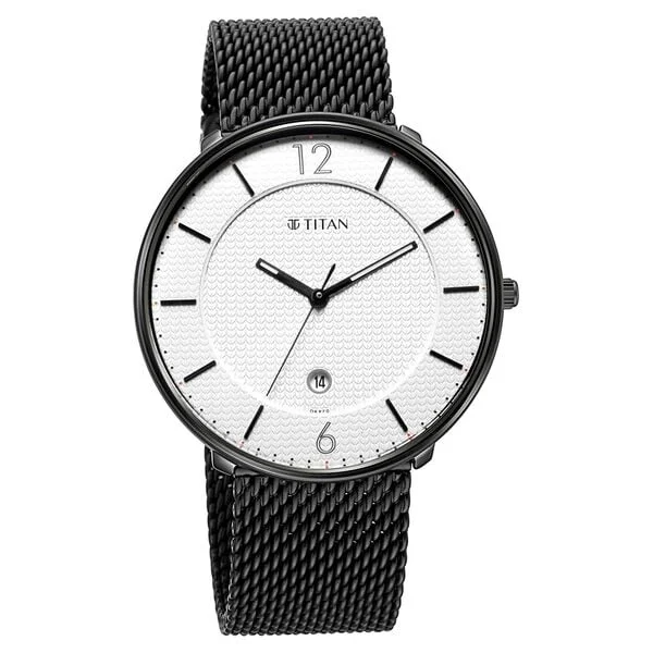 smart casual men’s leather watch-Titan Minimals White Analog with Date Stainless Steel Strap watch for Men 1849nm01