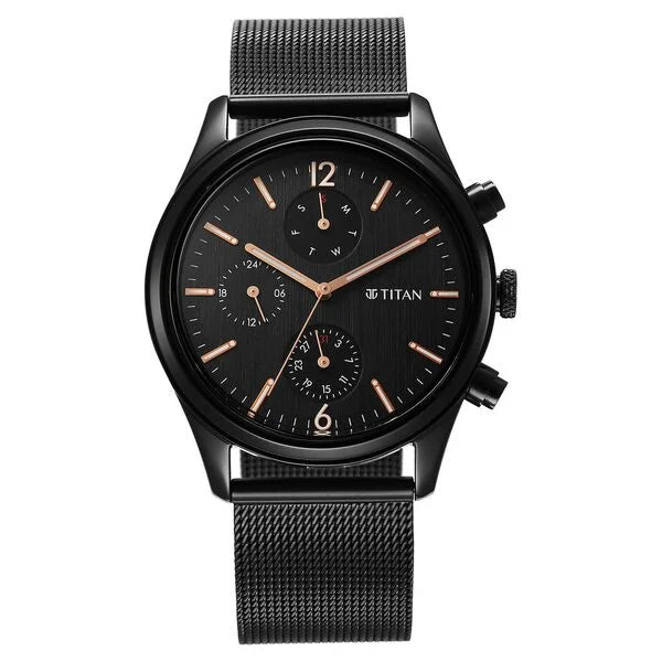 men’s stylish ceramic watch-Titan Neo Black & Gold Quartz Analog with Day and Date Black Dial Stainless Steel Strap Watch for Men 1805nm05