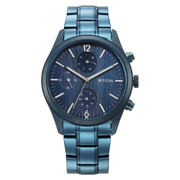 smartwatch with advanced workout tracking-Titan Neo Splash Blue Dial Quartz Multifunction Stainless Steel Strap Watch for Men 1805qm07