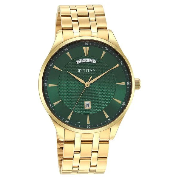 smartwatch with built-in fitness coach-Titan Opulent Green Dial Analog Stainless Steel Strap watch for Men 90127ym03