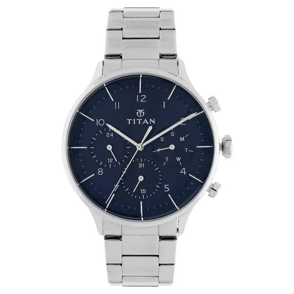 men’s leather strap luxury chronograph-Titan Quartz Multifunction Blue Dial Stainless Steel Strap Watch for Men 90102sm01