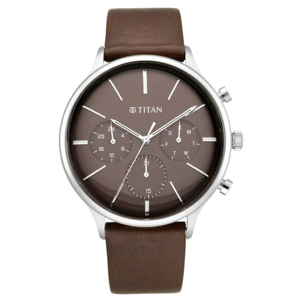 smartwatch with multi-sport modes-Titan Quartz Multifunction Brown Dial Leather Strap Watch for Men 90134sl02