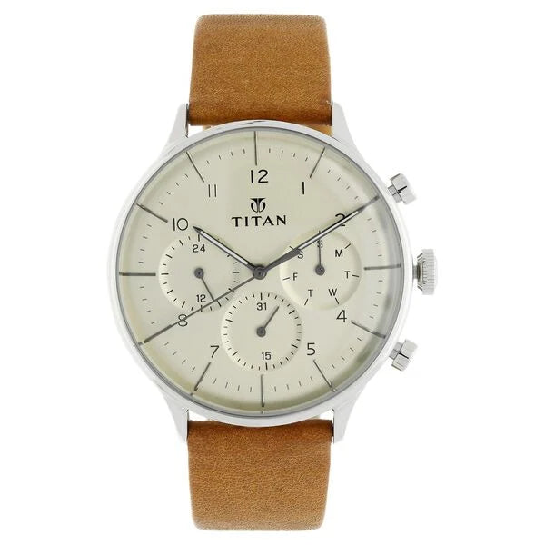 advanced smartwatch with advanced tracking-Titan Quartz Multifunction Silver Dial Leather Strap Watch for Men 90102sl01