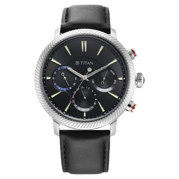 men’s fashion wristwatch with mesh strap-Titan Stellar Quartz Multifunction Black Dial Leather Strap Watch for Men 10012sl01