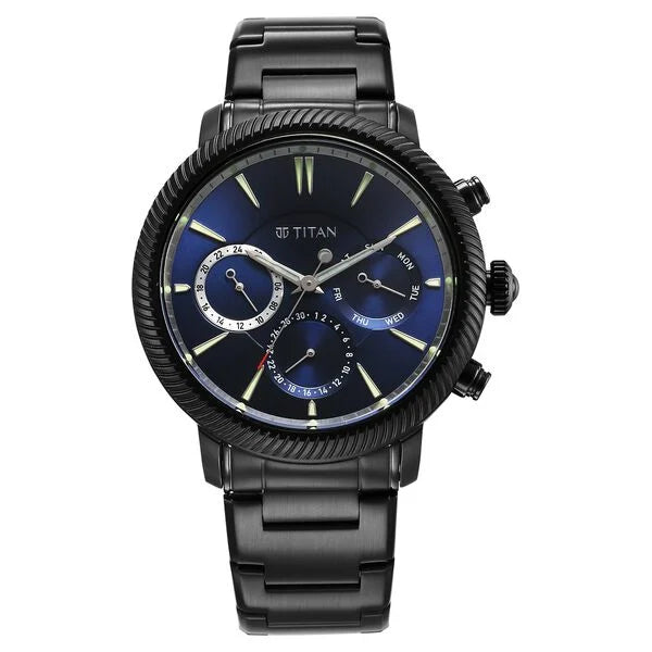 smartwatch with voice assistant integration-Titan Stellar Quartz Multifunction Blue Dial Stainless Steel Strap Watch for Men 10012nm01