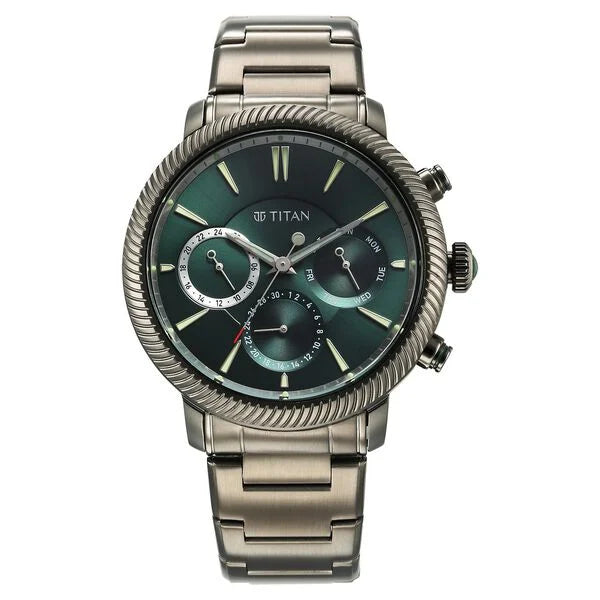 smartwatch with health insights and tips-Titan Stellar Quartz Multifunction Green Dial Stainless Steel Strap Watch for Men 10012qm01